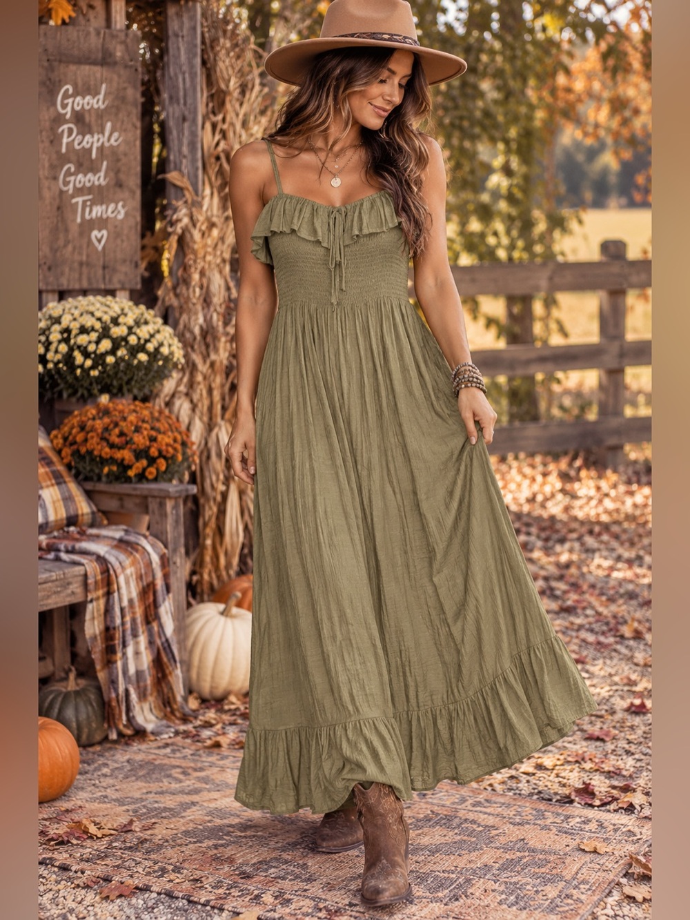 Love Tree Olive Green Smocked Ruffle Maxi Dress Size Large Boho Cottagecore